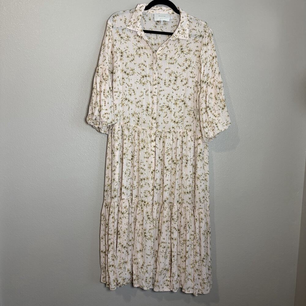 MUNTHE Oversize Floral Midi Dress Size 36 Balloon Sleeve Light Pink Cottage Core